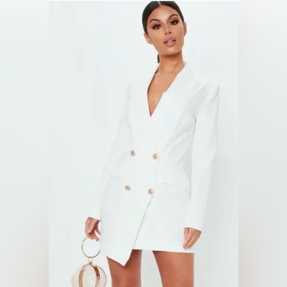NWT PrettyLittleThing Long Sleeve Creamy White Gold Button Blazer Dress - Picture 1 of 13